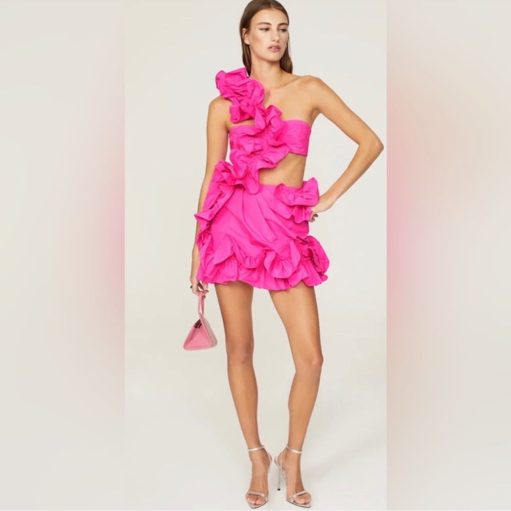 Aknvas Hot Pink Ruffled One-Shoulder Mini Dress